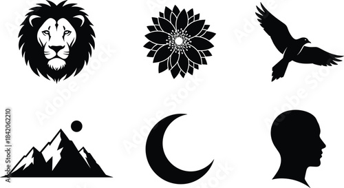 Black silhouette icons of lion head flower bird mountains moon and head profile lion head silhouette