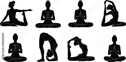 Black silhouette figures performing various yoga poses on white background woman
