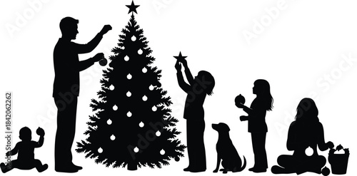 Black silhouette family and dog decorating Christmas tree with ornaments vector