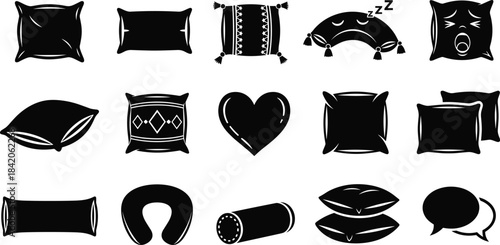 Collection of decorative pillow silhouettes including travel pillows, cushions, heart shape, bolsters, and sleeping icons, isolated black vector illustration, home decor concept, comfort design