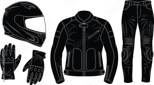 Black motorcycle riding gear set helmet gloves jacket pants illustration apparel