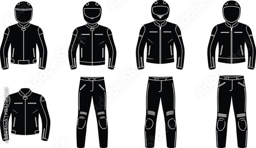 Black motorcycle jackets helmets and pants with white outlines motorcycle gear biker outfit