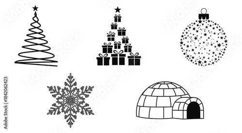 Black and white graphic icons of Christmas tree gifts snowflake igloo and ornament