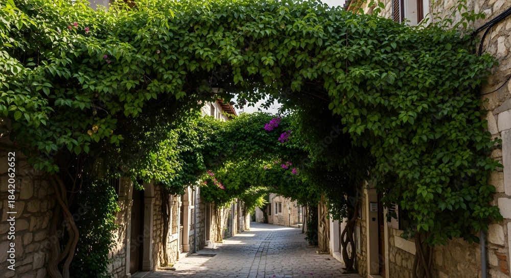 Obraz premium Charming stone pathway covered by lush green foliage creating a natural archway in a European village