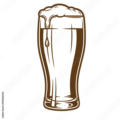 Detailed vintage sketch of a full beer glass with foamy head and dripping beer