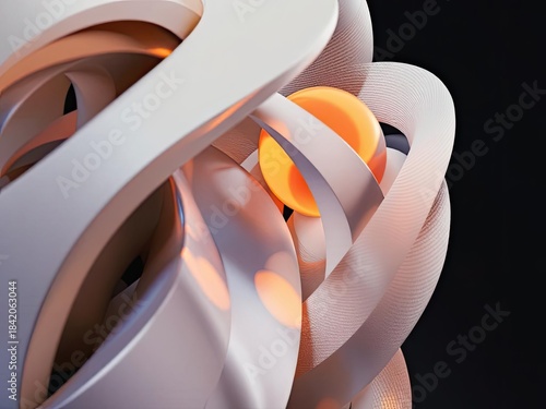 Abstract composition of looping, textured white bands and an orange sphere