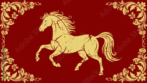 Golden horse illustration on a dark red background with ornate borders representing power and elegance for heraldry or design