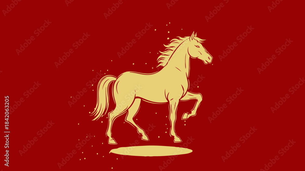 Fototapeta premium Golden horse illustration powerful and majestic animal silhouette on a red background symbolizing strength and freedom for graphic design