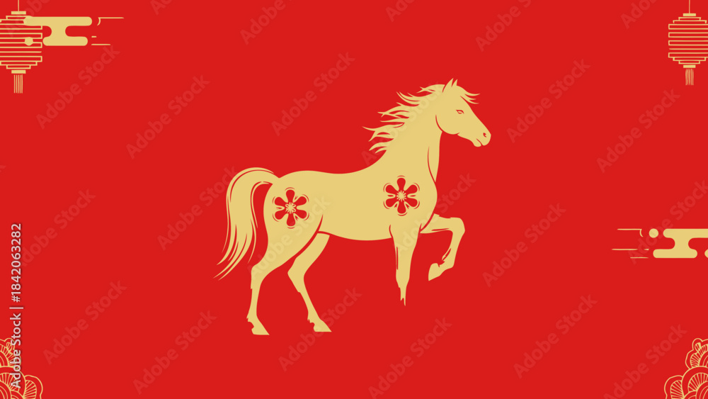 Obraz premium Golden horse illustration with floral accents on a red background symbolizing good fortune and Chinese New Year celebrations perfect for festive designs