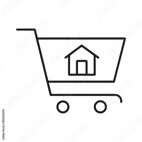 Shopping cart containing a house outline illustration on transparent background silhouette