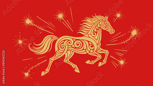 Golden ornate horse illustration with fireworks on red background traditional folk art style symbol of power and celebration