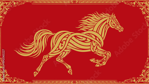 Golden ornate horse silhouette with flowing mane and tail a symbol of power and freedom on a red background with decorative border vector illustration for design