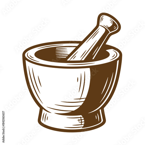 Hand drawn illustration of a vintage style mortar and pestle for cooking and apothecary use