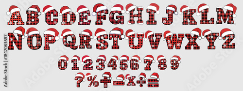 Christmas Plaid Alphabet And Number Set Featuring Festive Letters With Santa Hat Decorations