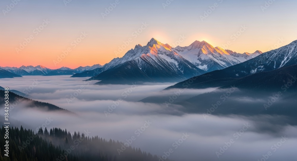 Fototapeta premium Majestic mountain range illuminated by sunrise, with mist rolling through the valleys below