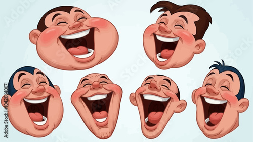 Six cartoon faces of men laughing hysterically with wide open mouths.