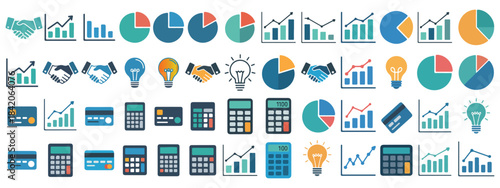 Financial Data Business Icons Set Of Charts Calculators And Corporate Strategy Graphics