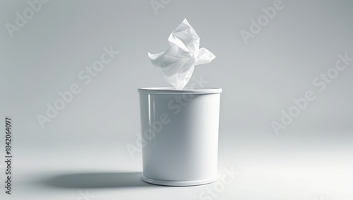 Crumpled paper flying to the wastepaper basket isolated on white background
