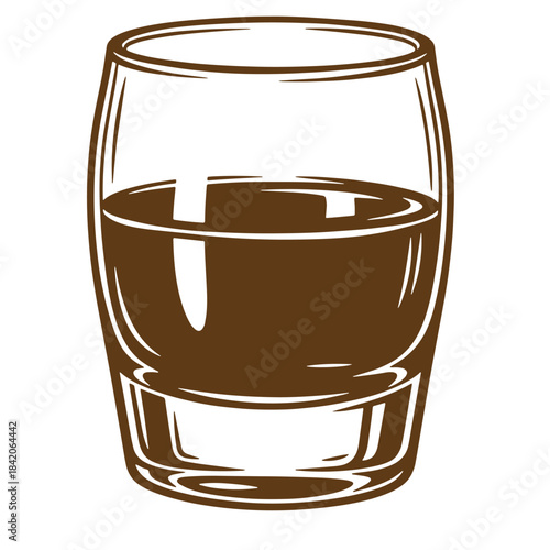 Hand drawn sketch style illustration of a shot glass filled with dark brown liquid