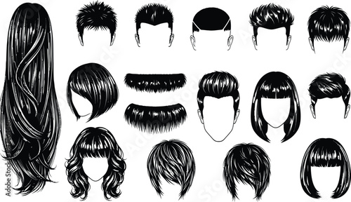 long and short hairstyle set, female and male haircuts, fringe bangs, fashion salon design, black vector wigs, beauty illustration