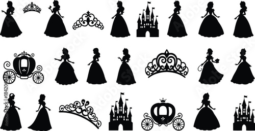 Social fairy tale princess silhouettes, tiara crowns, royal castle, carriage, ball gown dress, fantasy girl, kids party decoration illustration