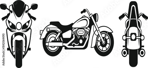 sport and cruiser motorcycle illustration set, front and side view bikes, black vector icon, transport, racing, custom chopper, garage design