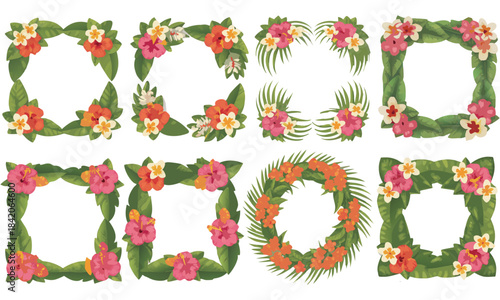 Tropical Floral Frame Collection With Hibiscus, Plumeria, and Palm Leaf Decorative Borders For Creative Design Projects