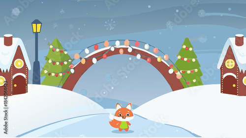 winter landscape with houses and birds