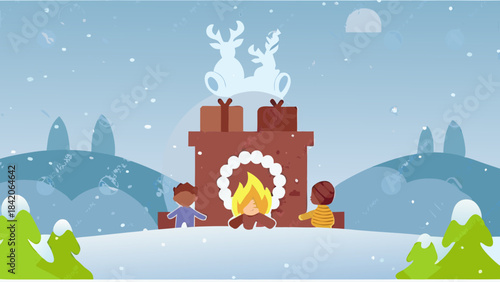 winte season and kids taking tempreture from fire in front of house