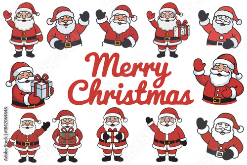 Cute Santa Claus Illustration Set Featuring Multiple Christmas Poses And Festive Holiday Elements