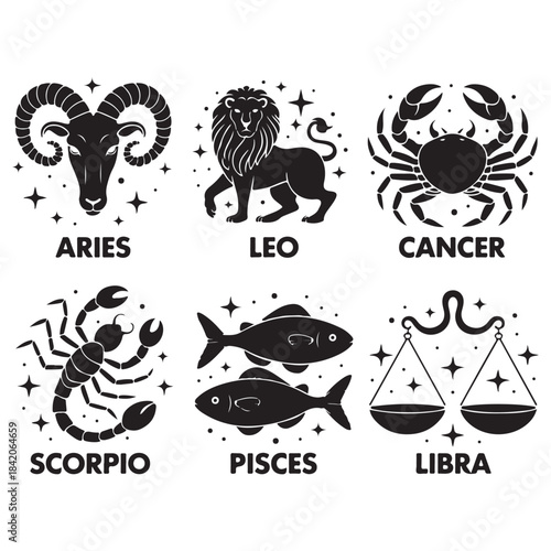 Astrology Zodiac Symbol Set Featuring Aries Leo Cancer Scorpio Pisces And Libra Icons