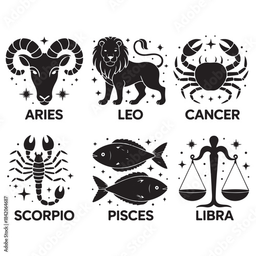 Zodiac Sign Illustration Set Featuring Aries Leo Cancer Scorpio Pisces And Libra Icons