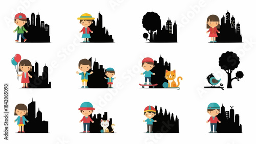 Children playing hide and seek with city skyline silhouettes.