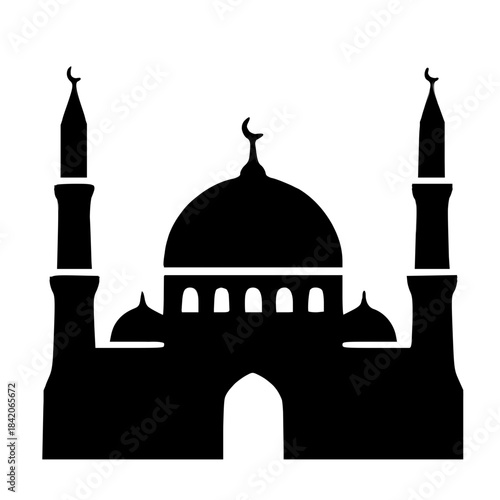 Black Mosque Silhouette Icon with Minarets, Dome, and Crescent Moon