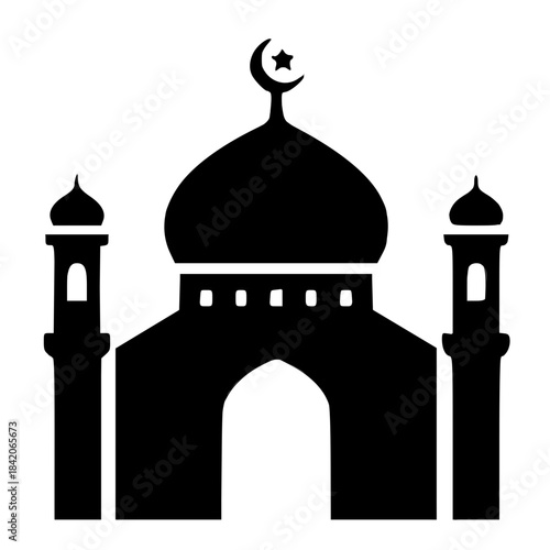 Black Mosque Silhouette Icon with Crescent Moon and Star