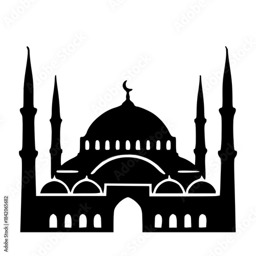 Black Mosque Silhouette Vector Illustration with Dome and Minarets