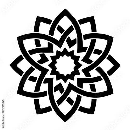 Geometric Arabesque Knot Star Pattern - Black and White Illustration