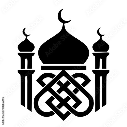 Black Islamic Mosque Silhouette Icon with Traditional Geometric Knot Pattern