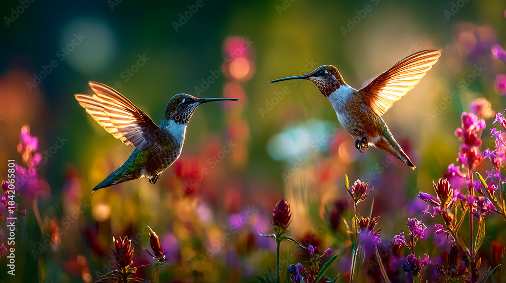 Naklejka premium Hummingbirds Hovering Near Wildflowers in Glowing Forest Light