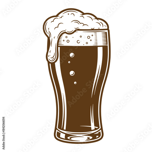 Vintage sketch illustration of a glass of dark beer with overflowing foam