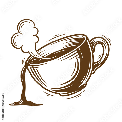 Vintage sketch illustration of a steaming coffee cup with poured liquid and swirls