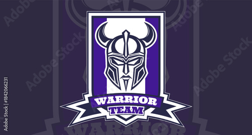 Vector gaming emblem. Graphic coat of arms or sticker. Shield, horned military ancient helmet and ribbon. Warrior team. Sports games. Dark and white