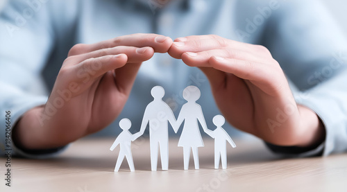 A person protecting a paper family cutout with hands, symbolizing love, safety, and family unity in a modern lifestyle context.