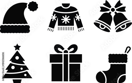 A simple collection of black silhouette icons representing classic Christmas season symbols and traditional decorations