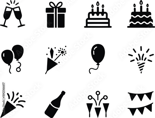 A set of black party and celebration icons featuring champagne, cake, balloons, presents, and festive poppers