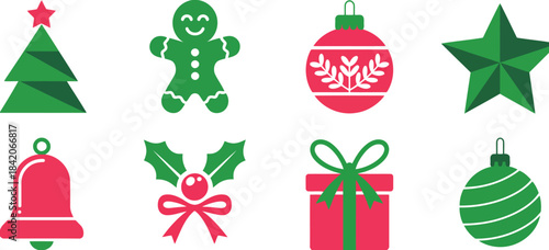 Eight colorful flat icons show popular Christmas items tree, gingerbread man, baubles, star, bell, holly, and gift