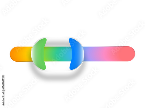 Vibrant Liquid Glass Slider with Transparent 3D Bubble. Colorful Gradient UI Element, Glossy Glassmorphism Button, Modern Interface Design Concept on White Background