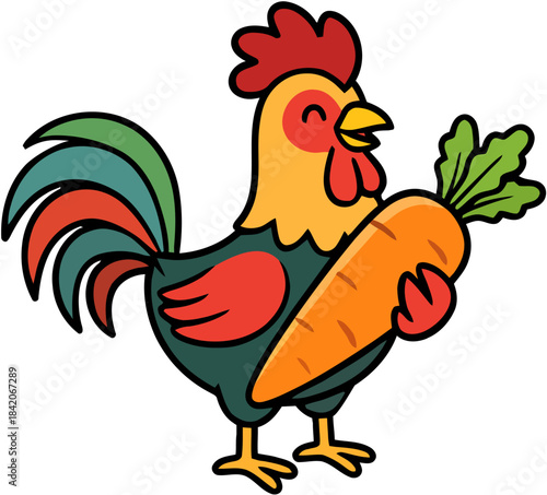 A happy cartoon rooster standing and holding a large carrot with a proud and joyful expression, perfect for farm or food-related content