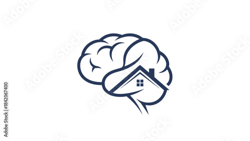 A stylized brain with a house integrated into its structure, representing concepts of home, mind, and thought.