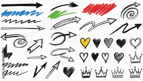 Hand drawn doodle arrows hearts and crowns collection.